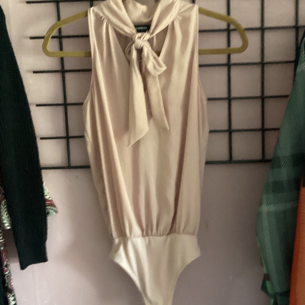 Express Cream Tie-Neck Bodysuit Tank Top